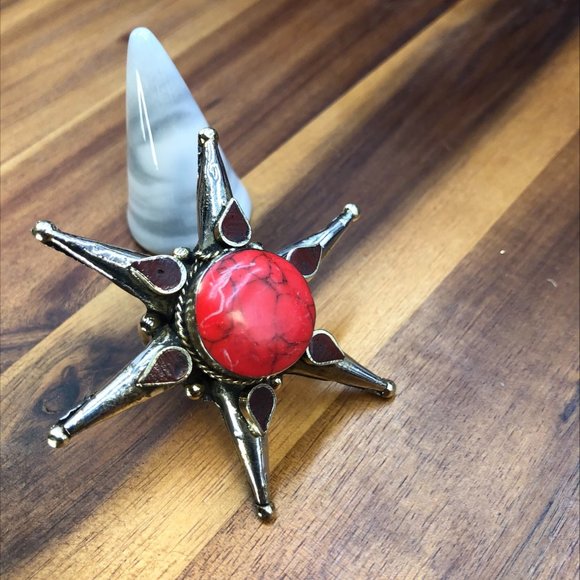 Red Stone Star Ring, Afghan Massive Ring, Handmade Statement Stone Ring, Boho - Picture 6 of 14